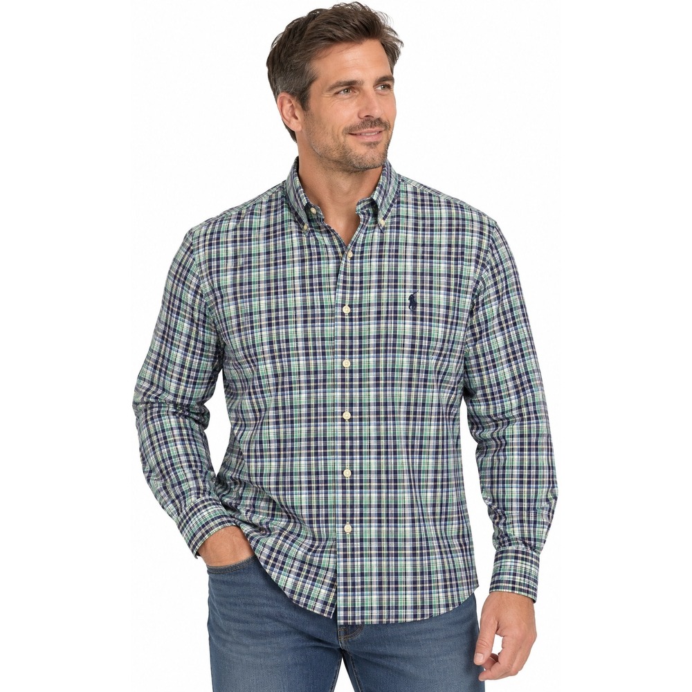 Ralph Lauren Mens XS Navy Green Plaid Classic Fit Performance Button Down Shirt